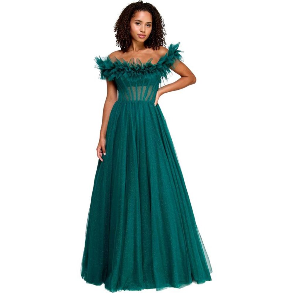 Say Yes to the Prom Womens Juniors Sheer Boned Bodice Ruffled Prom Dress Off-...